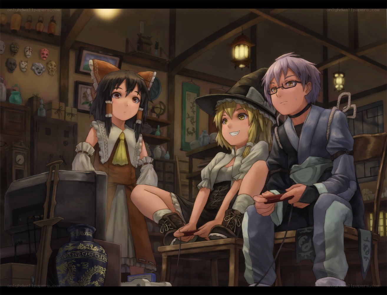 Three characters in a shop