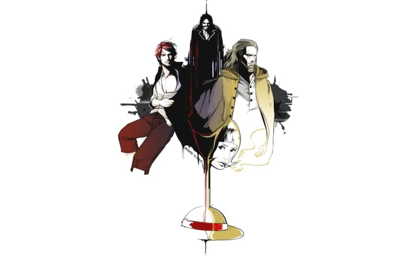 three characters in a stylized illustration