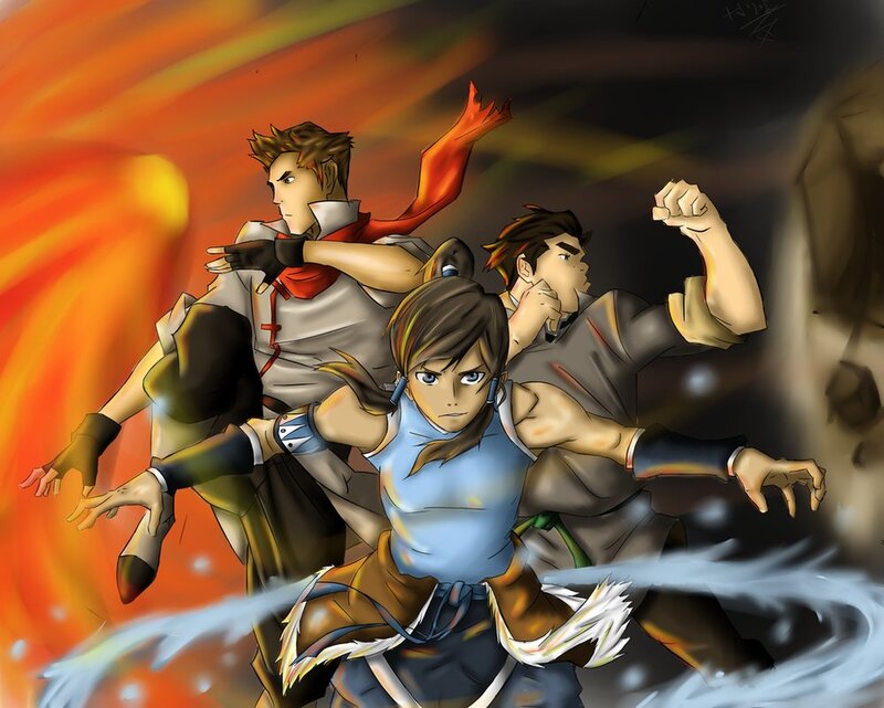 Three Characters in Action — Orange, Dramatic, Digital Art