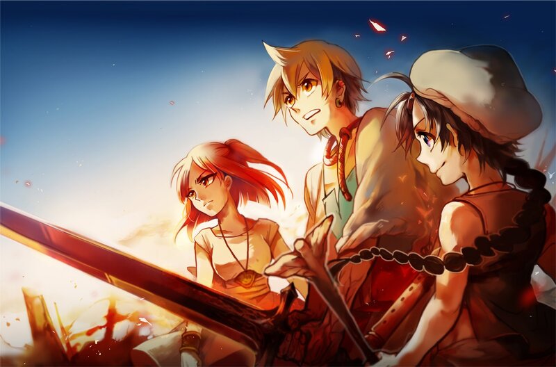 Three Characters in Battle — Blue, Dramatic, Sunset
