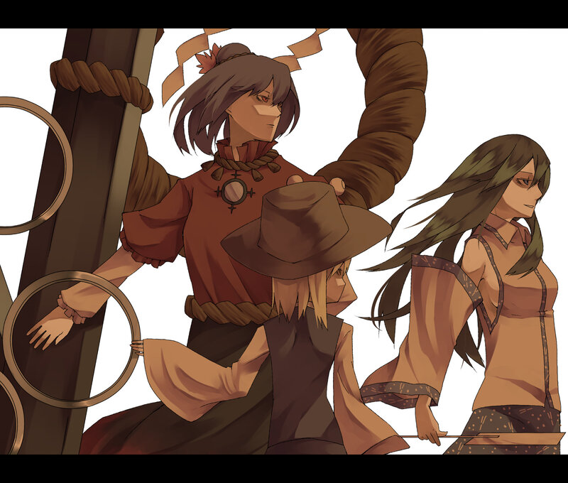 three characters in brown attire