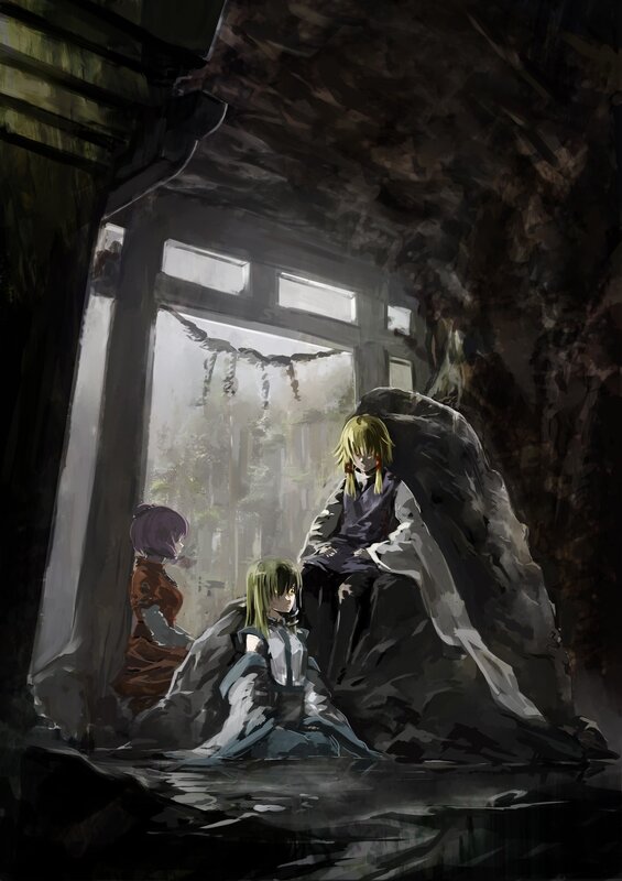Three Characters in Cave — Gray, Dramatic