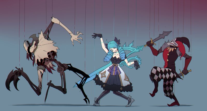 Three Characters in Combat — Blue, Dramatic