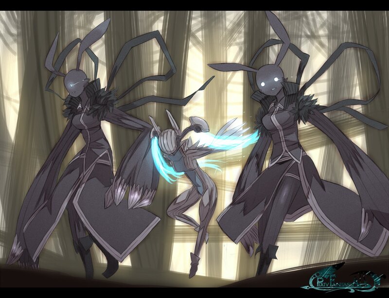 Three Characters in Combat — Gray, Dramatic