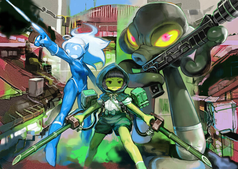 Three Characters in Combat — Green, Dramatic, Afternoon