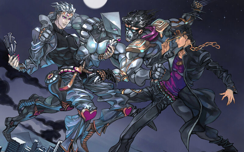 Three Characters in Combat — Purple, Dramatic, Night