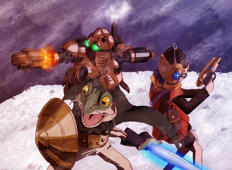 Three Characters in Combat — Purple, Dramatic