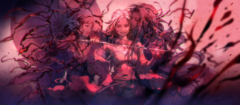 Three Characters in Combat — Red, Dramatic