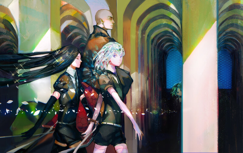 Three Characters in Corridor