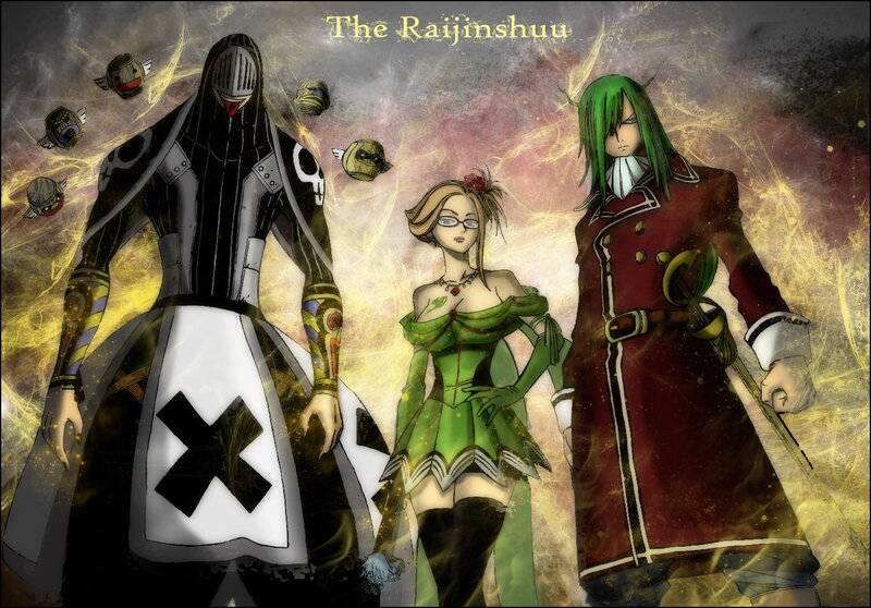 Three Characters in Fantasy Attire — Yellow, Dramatic