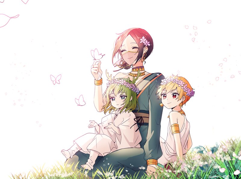Three Characters in Field — Green, Serene