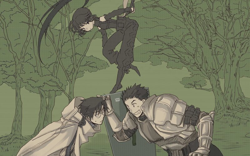 Three Characters in Forest — Green, Dramatic