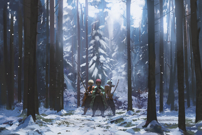 Three Characters in Forest — White