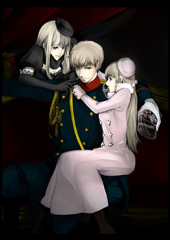Three characters in formal attire