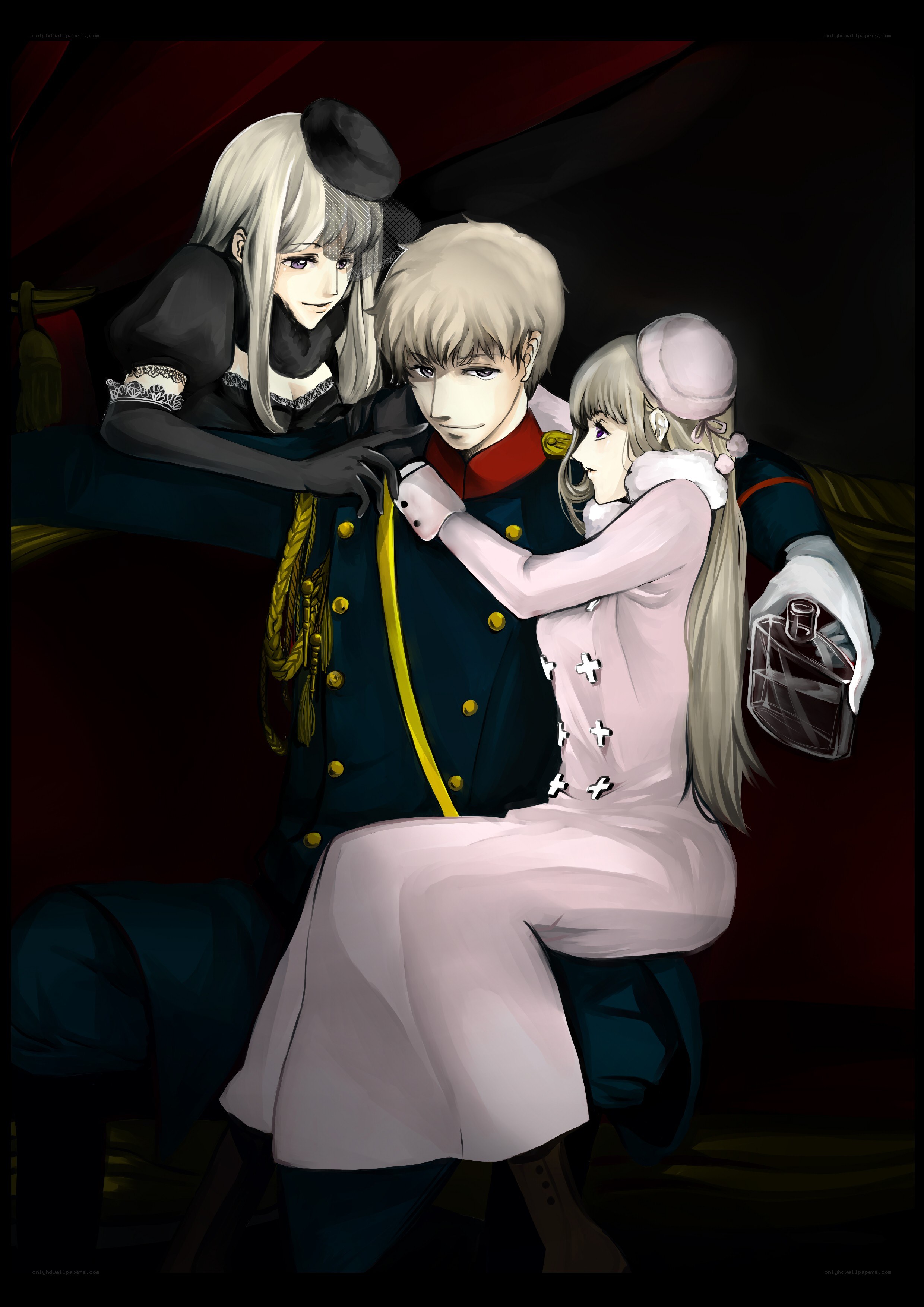 Three characters in formal attire