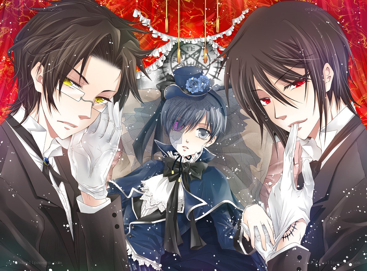 Three characters in formal attire