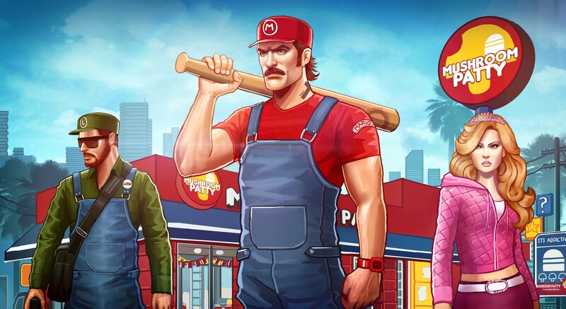 Three Characters in Front of a Restaurant