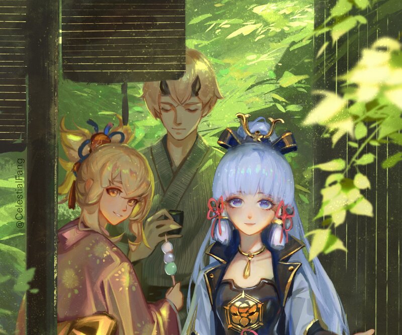 Three Characters in Garden — Green, Serene
