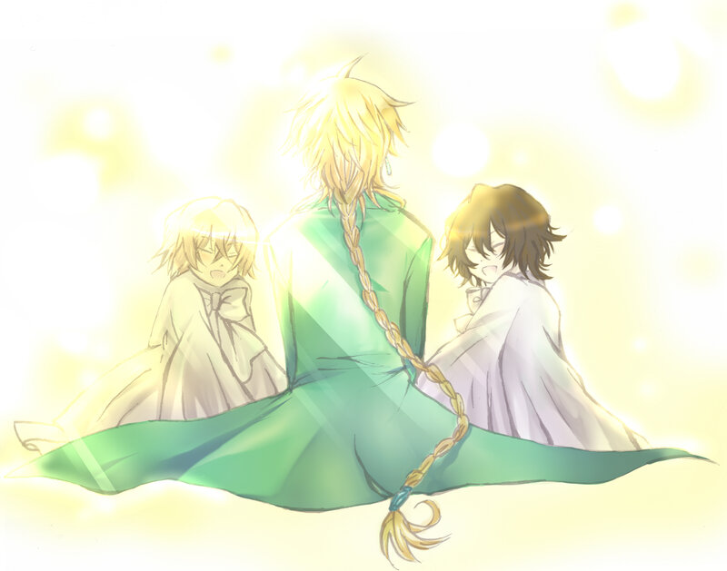 three characters in glowing light