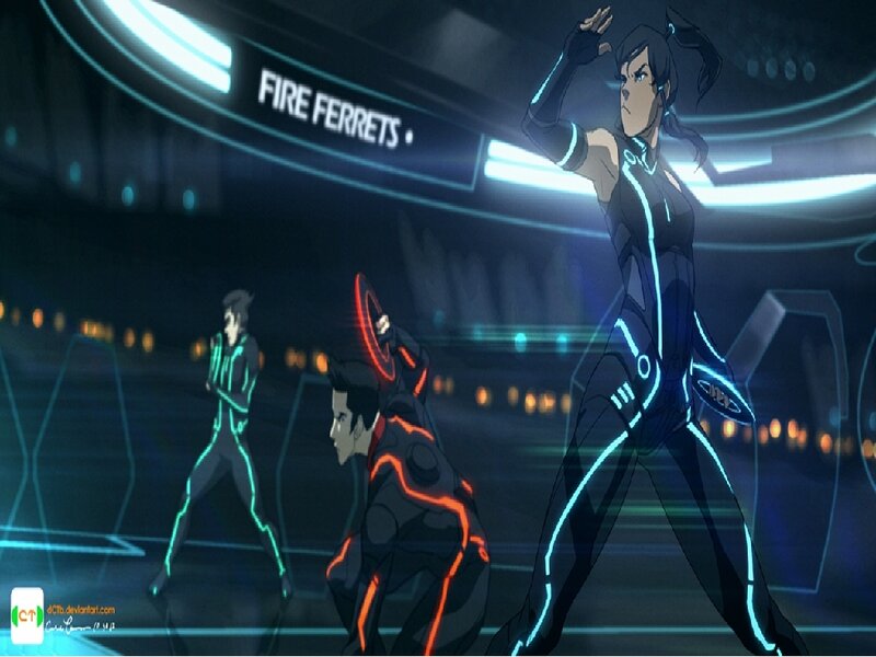 Three Characters in Glowing Suits