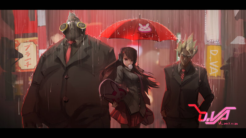 Three Characters in Rain — Red, Dramatic