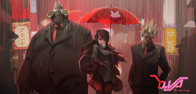 Three Characters in Rain — Red
