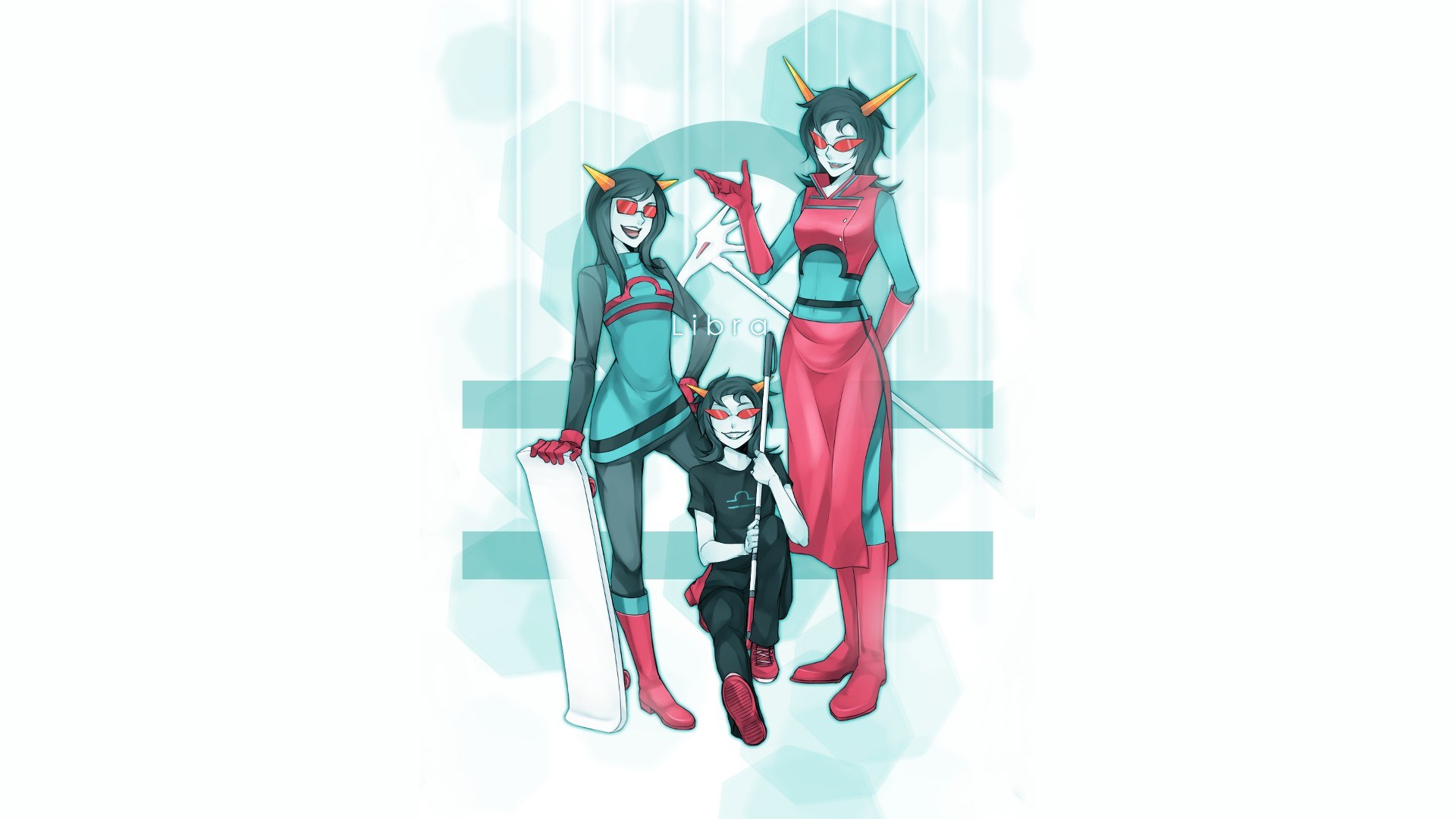 three characters in red and blue outfits