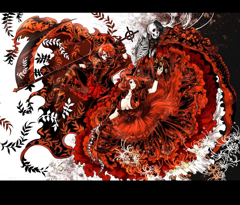 Three Characters in Red Attire