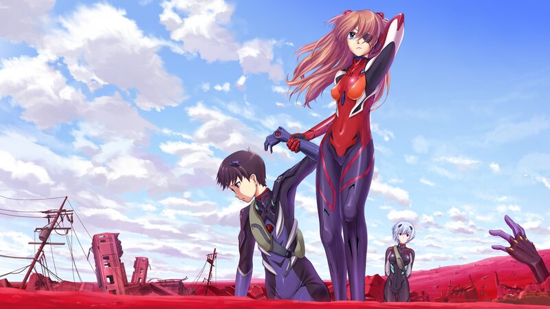 Three Characters in Red Landscape — Dramatic