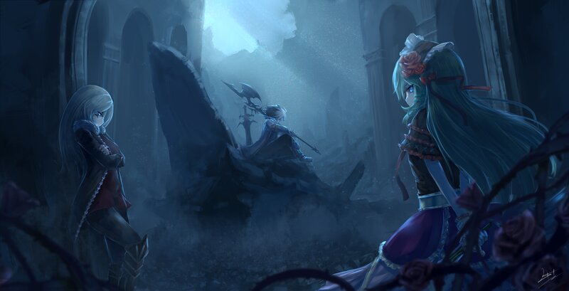 Three Characters in Ruins — Blue