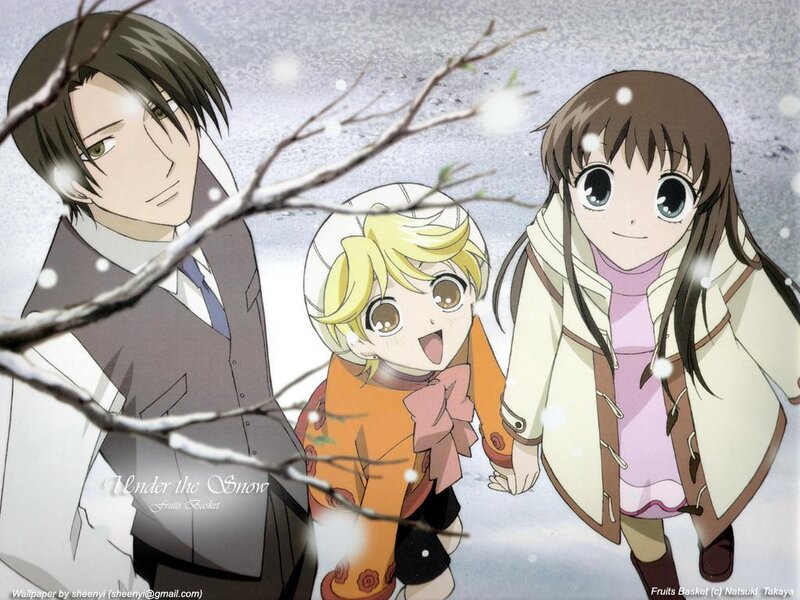 Three characters in snow
