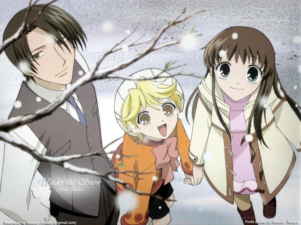 Three characters in snow