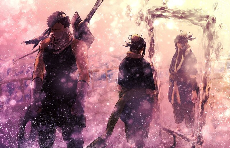 Three Characters in Snowy Scene — Pink, Dramatic