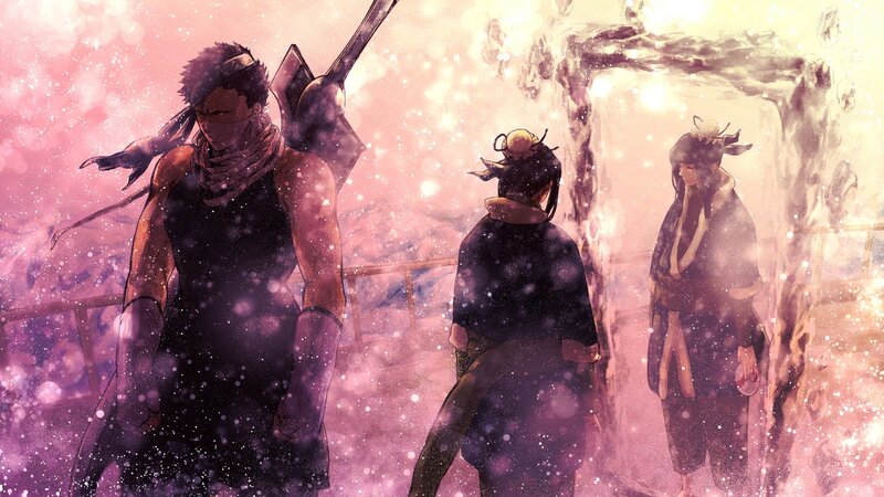 Three Characters in Snowy Scene — Pink, Dramatic, Winter