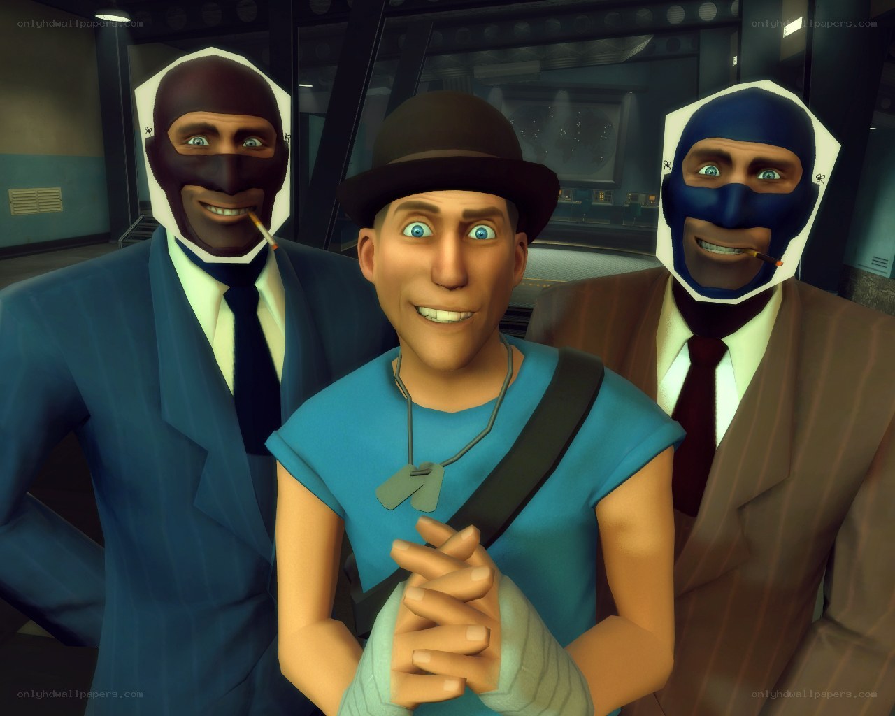 Three characters in suits and masks