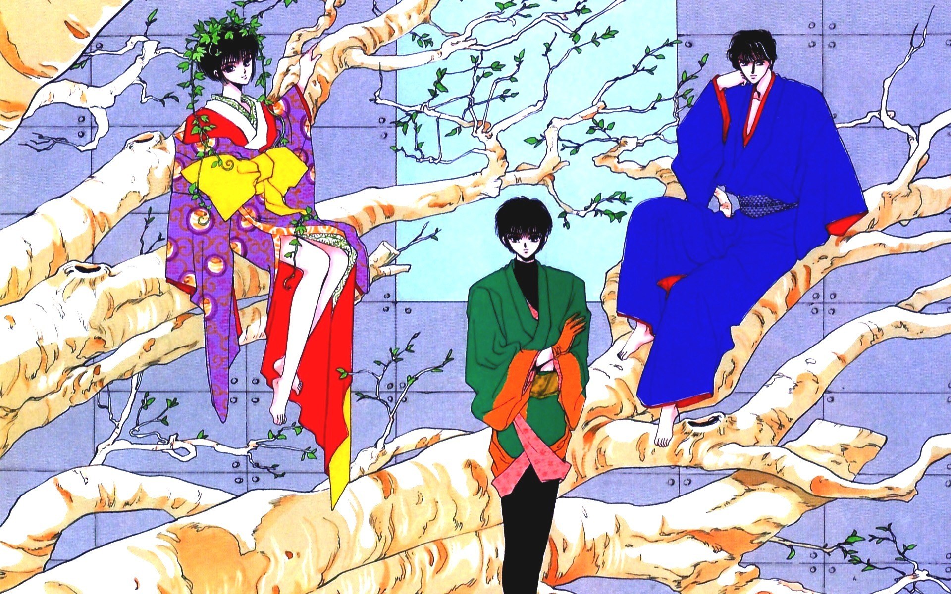 Three characters in traditional attire