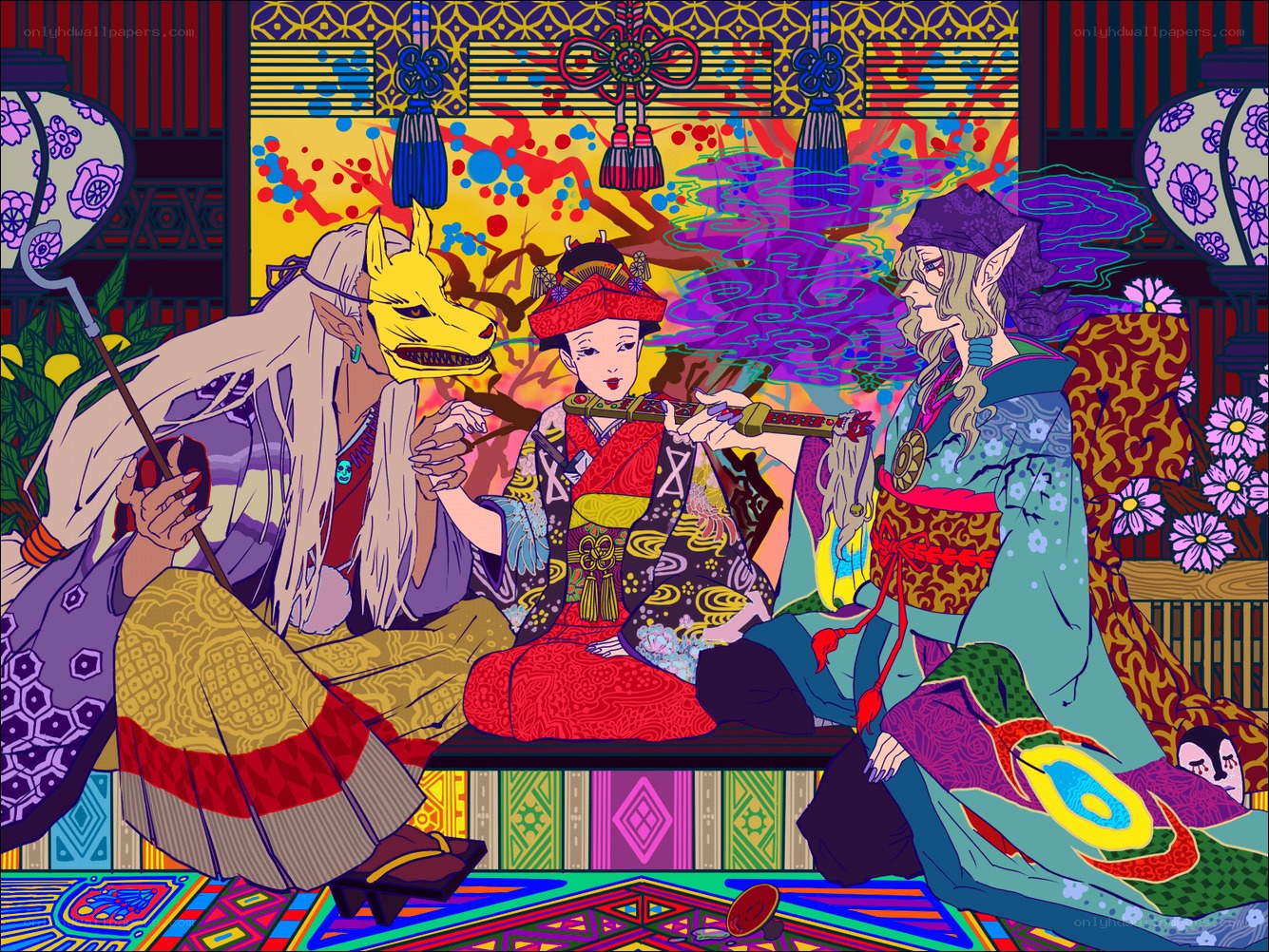 Three characters in traditional attire