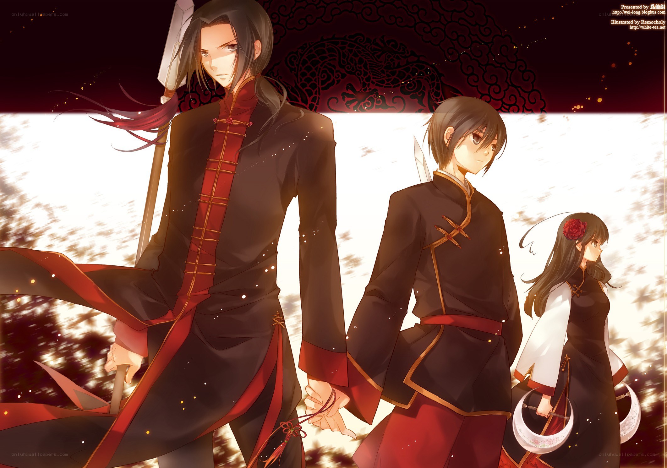 Three characters in traditional attire