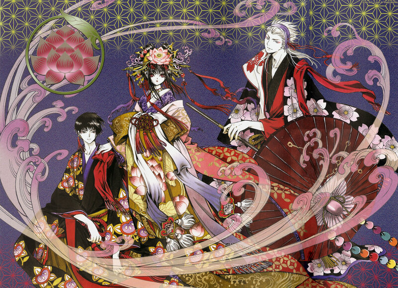 Three Characters in Traditional Attire — Purple, Dramatic