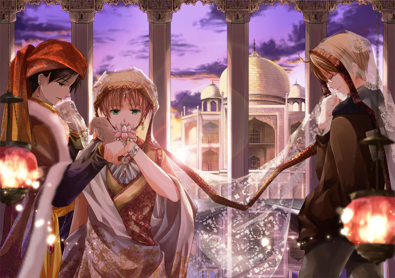 Three Characters in Traditional Attire — Purple