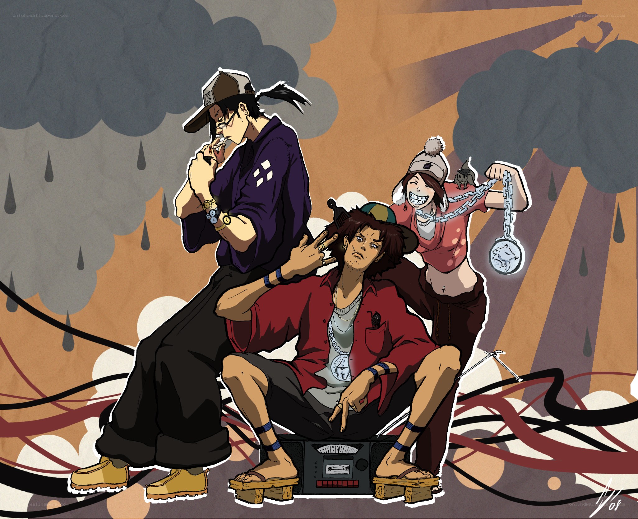 Three characters in urban art style