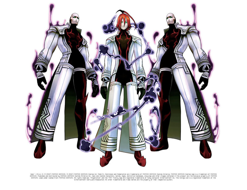 Three characters in white and black armor