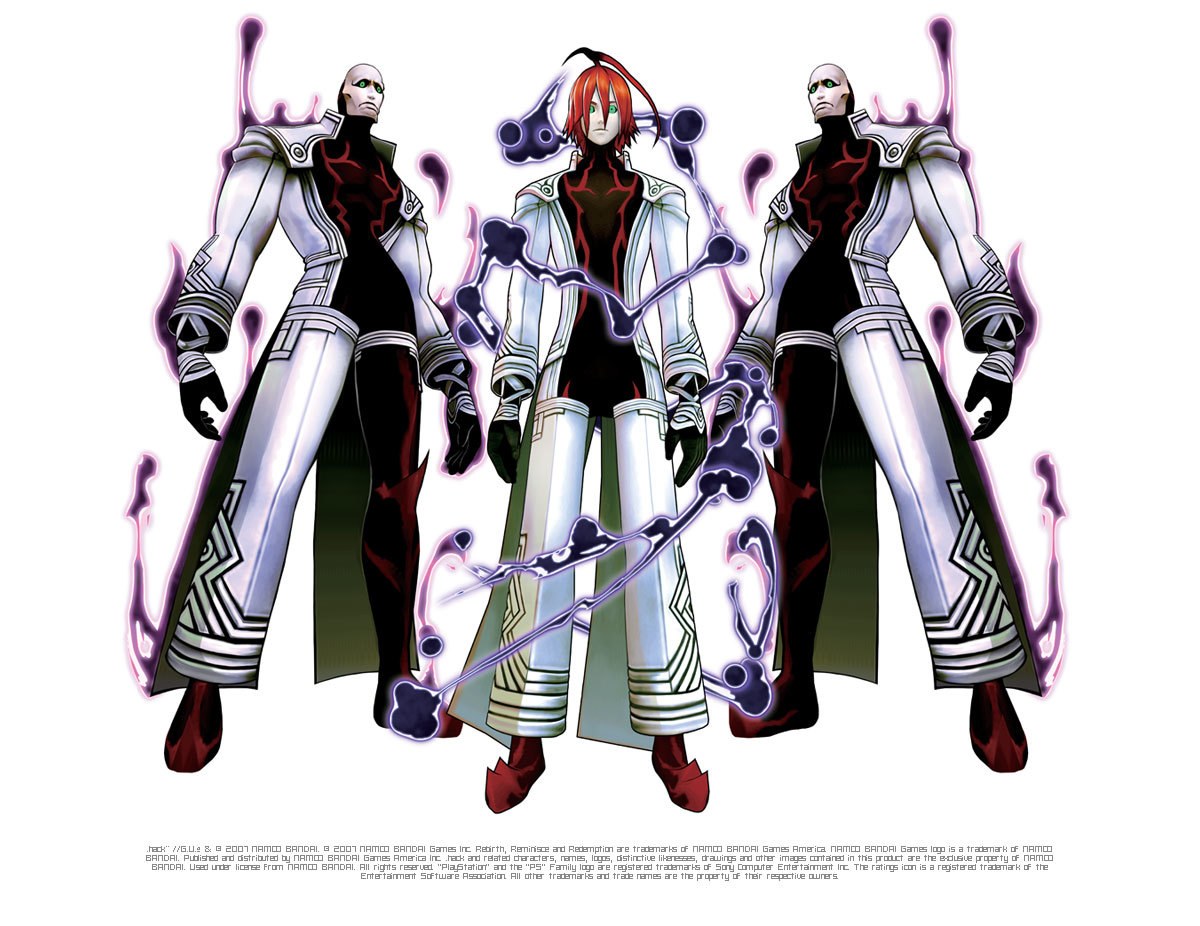 Three characters in white and black armor
