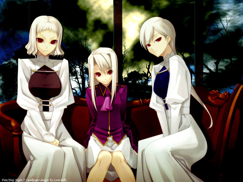 Three characters in white and purple
