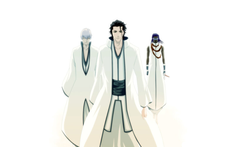 three characters in white robes