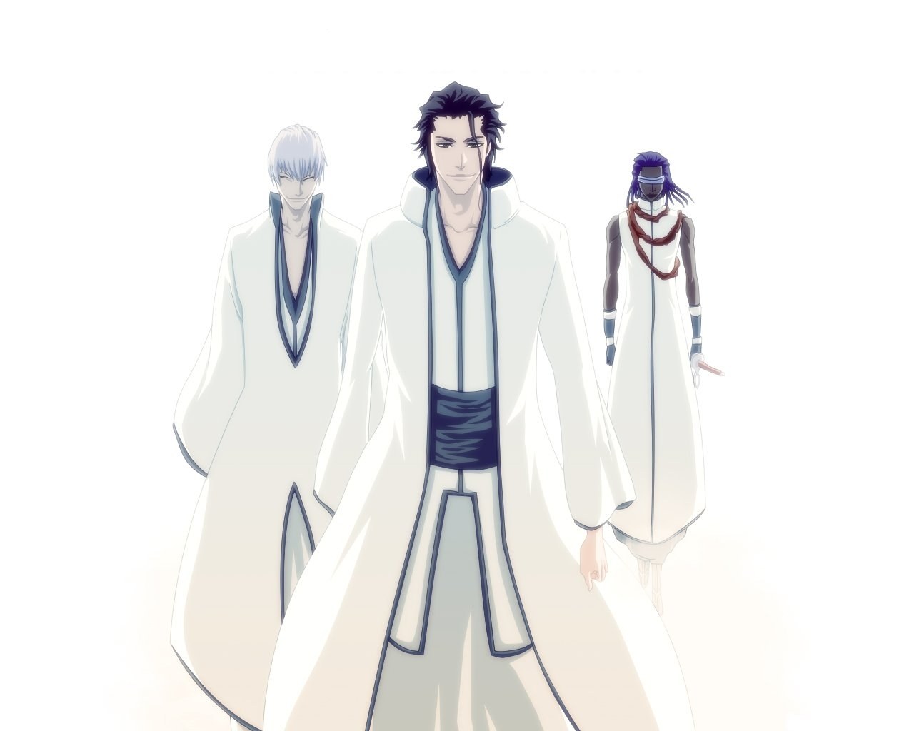 three characters in white robes