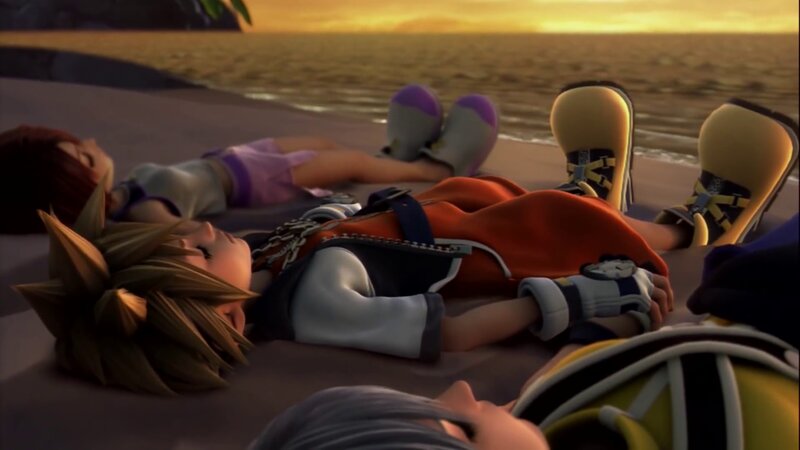 Three Characters Lying on Beach