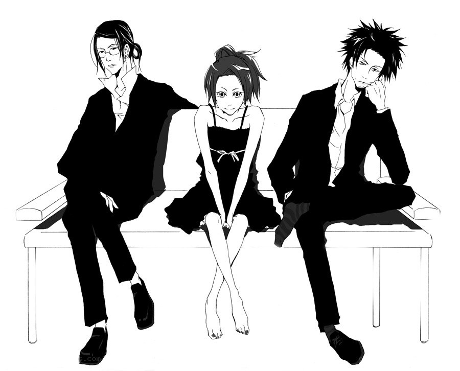 three characters on a bench