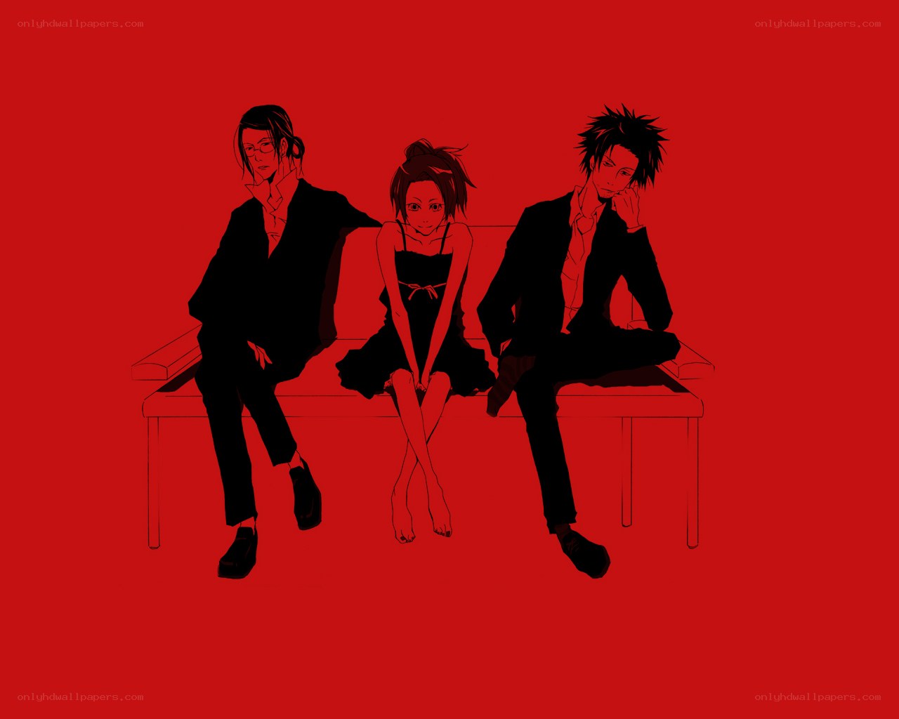 Three characters on a bench