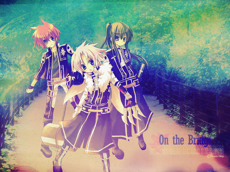 Three characters on a bridge